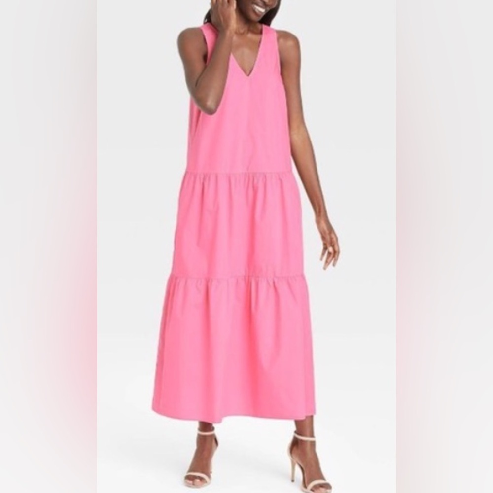 Cotton Poplin Tiered Sleeveless Maxi Dress Long Pink